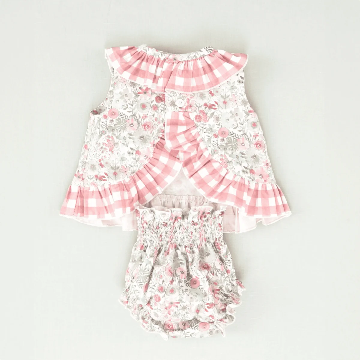 Conjunto vestido y braguita de bebé niña flores y cuadros vichy - Imagen 3