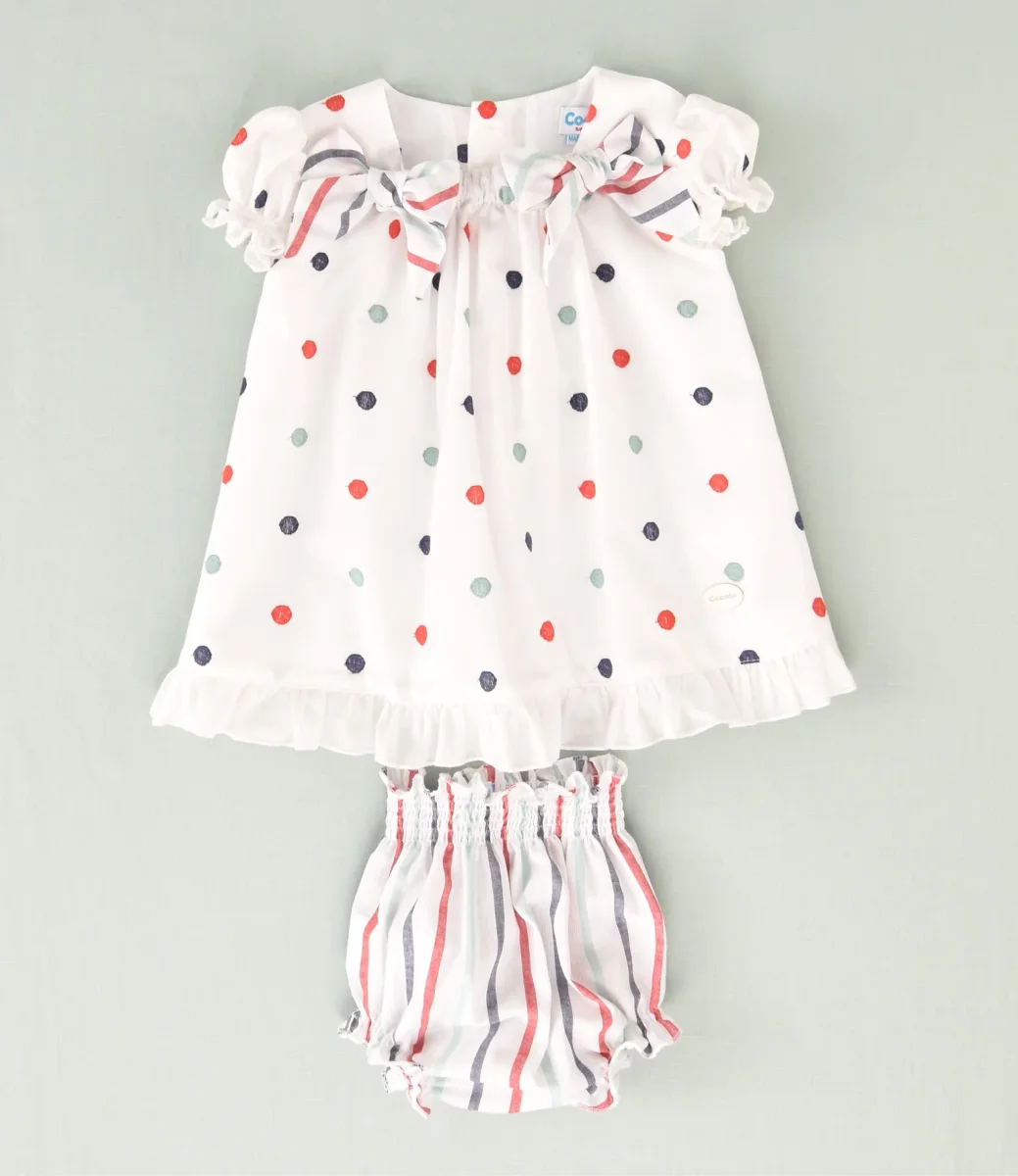 Conjunto vestido y braguita de topos de colores bebé niña