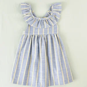 Vestido azul rayas amarillas con volante | Cocote & Charanga