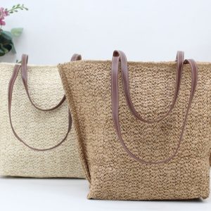 Bolso en tejido rafia con asas en poli piel,ref0025