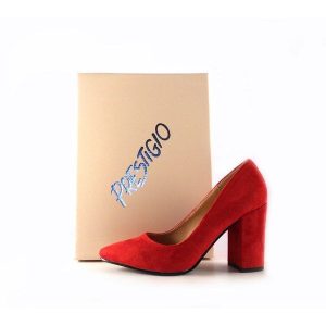Zapatos Prestigio de tacón ancho con puntera fina C-902 color antelina rojo