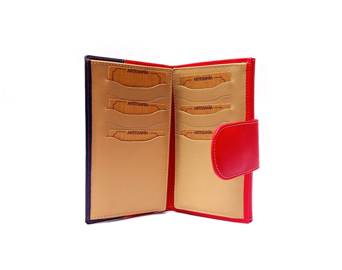 Cartera billetero grande para mujer en piel auténtica rojo y marino combinado - Imagen 4