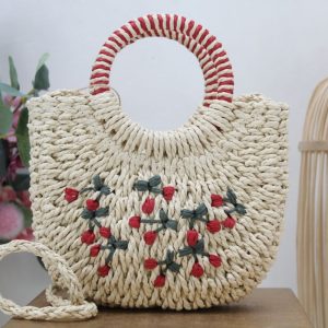 Cesta-Bandolera rafia con dibujo cerezas,ref0016