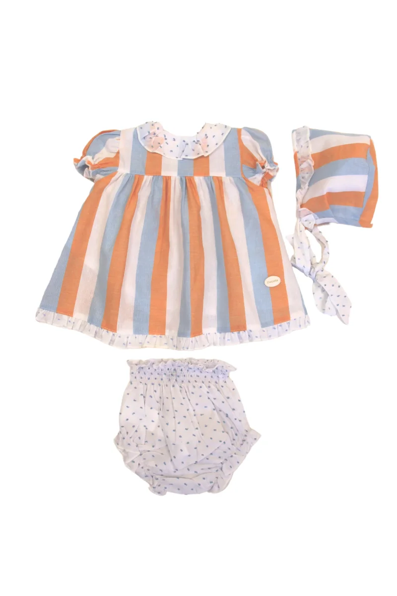 Conjunto vestido, braguita y capota de bebé listado Cocote & Charanga - Imagen 3