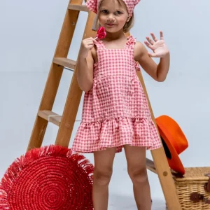 Vestido de niña rosa tirantas cuadros vichy Cocote & Charanga