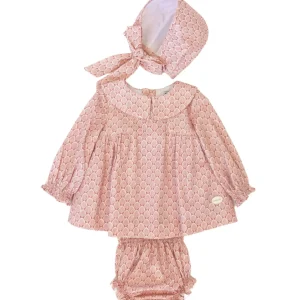 Conjunto vestido. braguita y capota de bebé rosa Cocote & Charanga