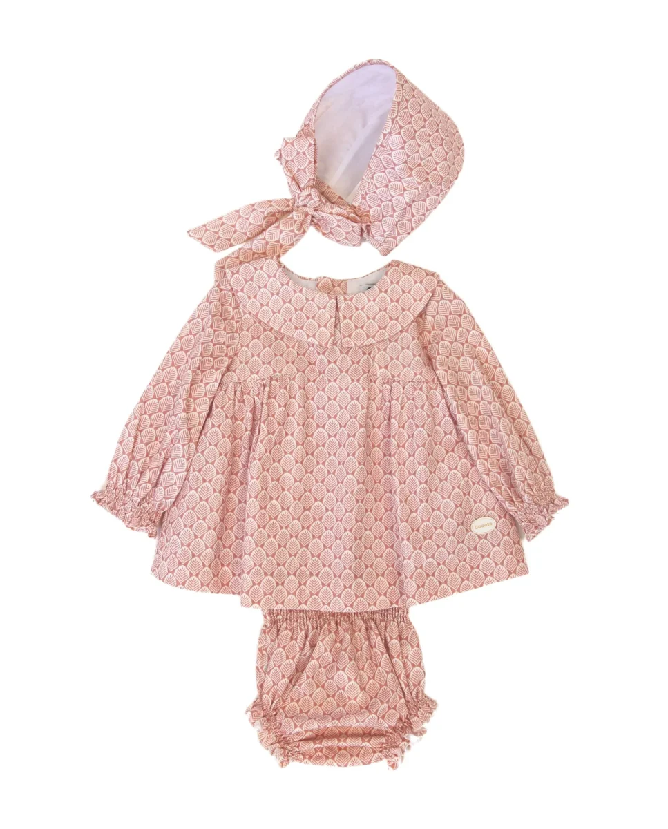 Conjunto vestido. braguita y capota de bebé rosa Cocote & Charanga