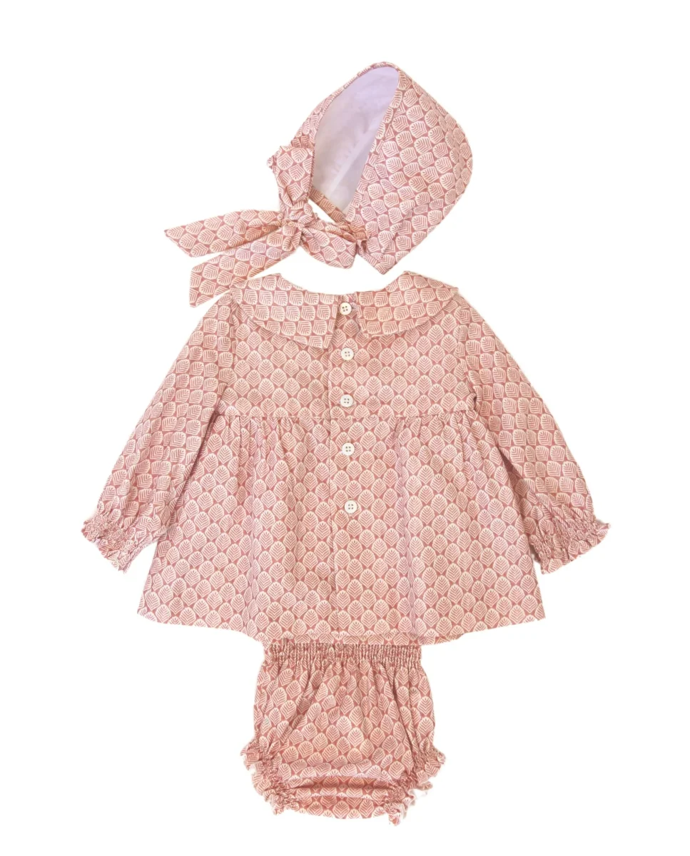Conjunto vestido. braguita y capota de bebé rosa Cocote & Charanga - Imagen 3