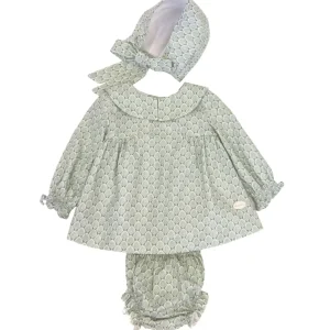 Conjunto vestido. braguita y capota de bebé verde Cocote & Charanga