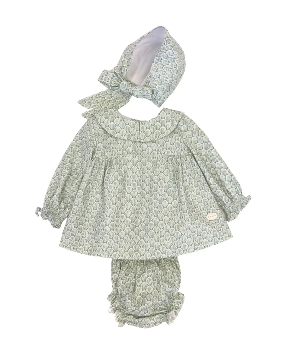 Conjunto vestido. braguita y capota de bebé verde Cocote & Charanga - Imagen 2