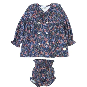 Conjunto vestido y braguita de bebé flores azul marino Cocote & Charanga