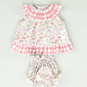Conjunto vestido y braguita de bebé niña flores y cuadros vichy