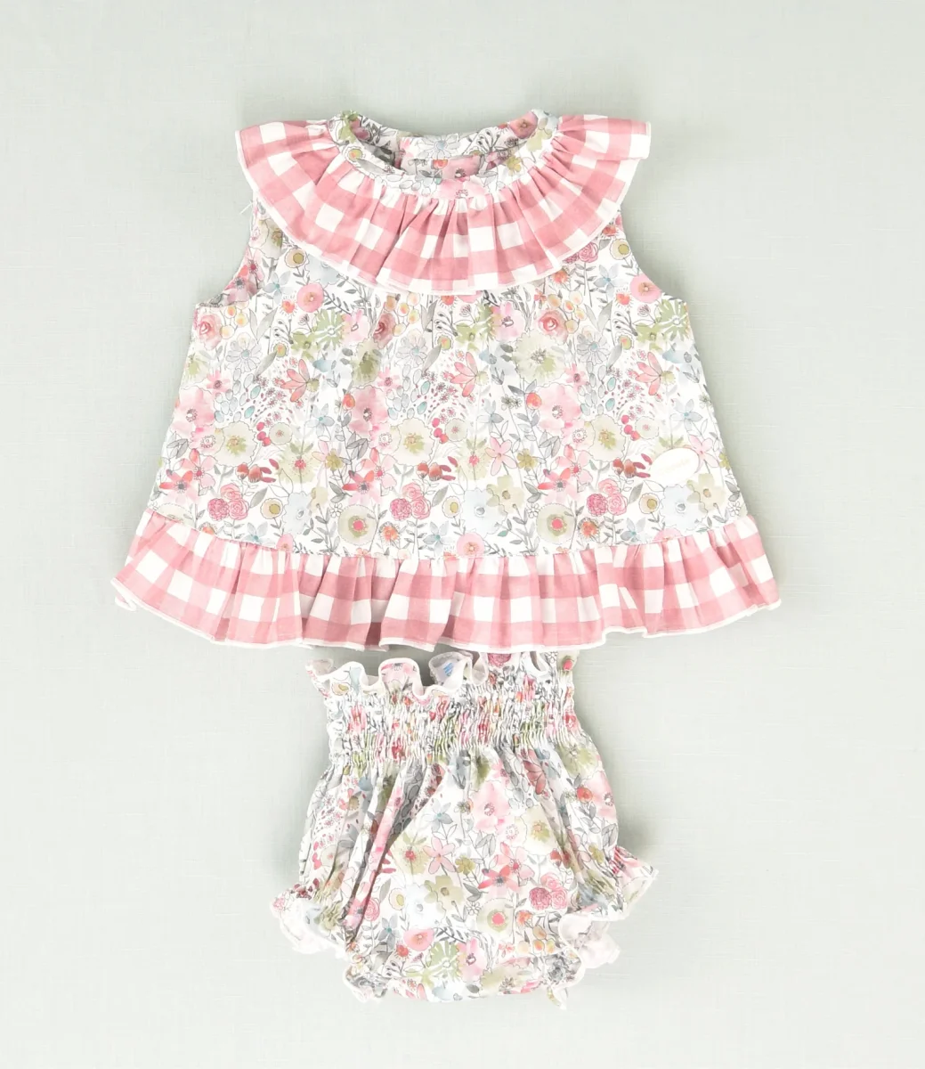 Conjunto vestido y braguita de bebé niña flores y cuadros vichy