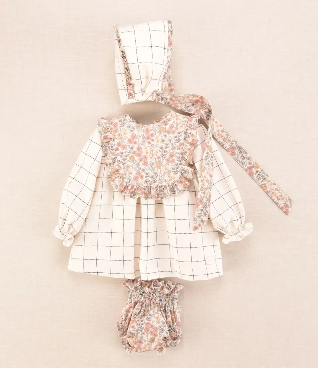 Conjunto bebé niña cuadros y flores con vestido. capota y braguita | Cocote x Charanga - Imagen 3