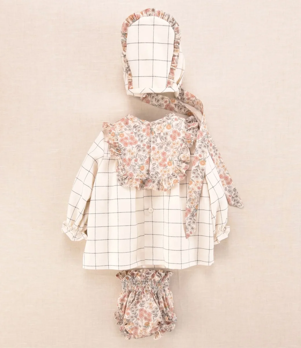 Conjunto bebé niña cuadros y flores con vestido. capota y braguita | Cocote x Charanga - Imagen 4