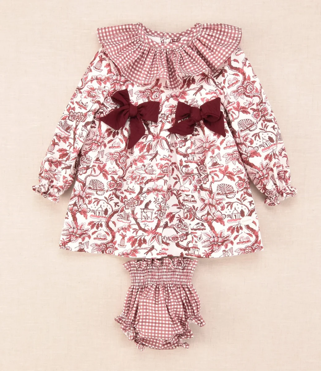 Conjunto bebé vestido floral y braguita cuadros burdeos | Cocote x Charanga - Imagen 3