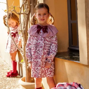 Vestido niña flores burdeos manga larga con volante Cocote