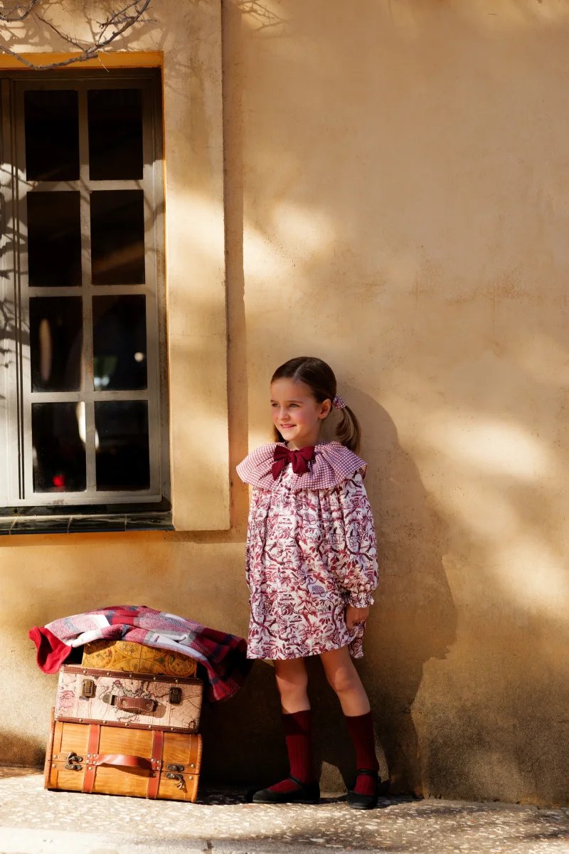 Vestido niña flores burdeos manga larga con volante Cocote - Imagen 6