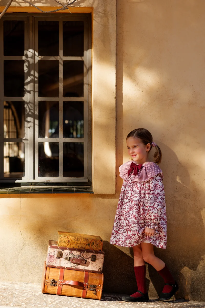 Vestido niña flores burdeos manga larga con volante Cocote - Imagen 5