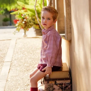 Conjunto niño camisa cuadros y pantalón pana burdeos | Cocote x Charanga