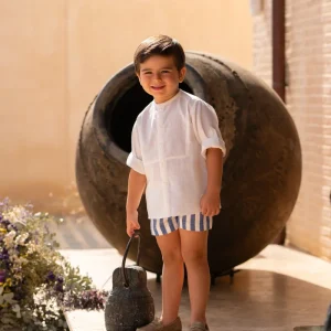 Conjunto niño camisa cruda y short rayas azul | Cocote by Charanga