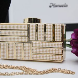 Cartera fiesta metalizada en color Oro con perlitas blancas,¡Ofertón!