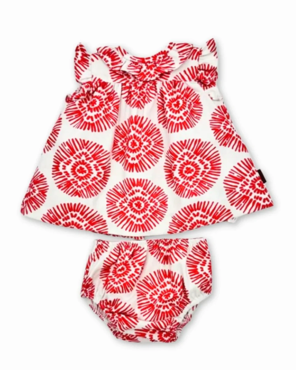 Conjunto vestido y braguita boho fresa bebé niña - Imagen 3