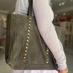 Bolso Shopper de Piel Serraje con Tachuelas y Asas Largas