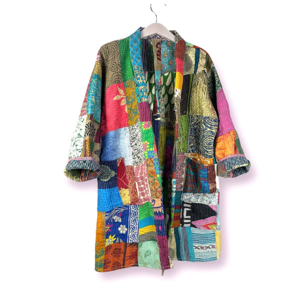 Kimono étnico reversible de Seda pachtwork para mujer - Imagen 2