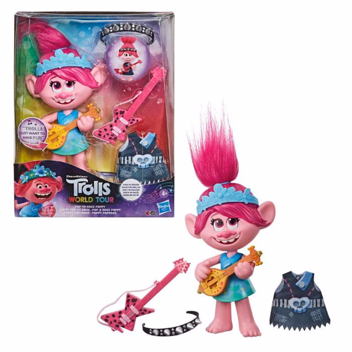 HASBRO – Muñeca Trolls World Tour – Poppy Rock 32cm E9411 Muñeca Musical 2 Vestidos Regalo Niña 🎁 - Imagen 4