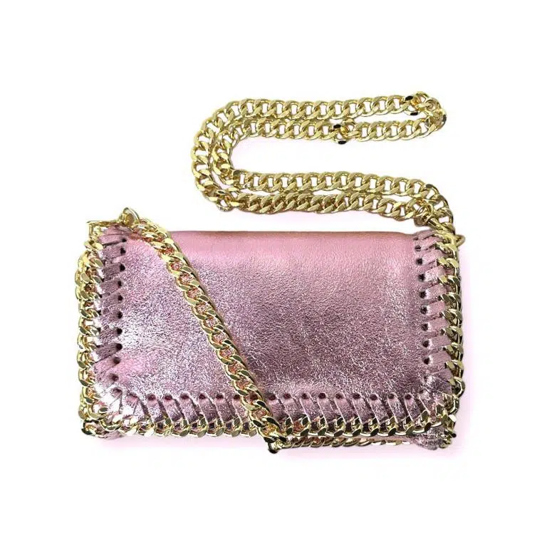 Bolso Bandolera de Piel con Asa Larga Dorada Tipo Cadena para Mujer