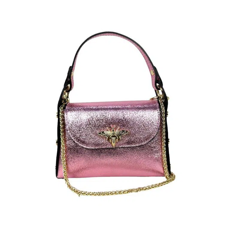 Bolso Compacto de Piel Metalizado Mujer con Tachuelas y Diseño de Abeja