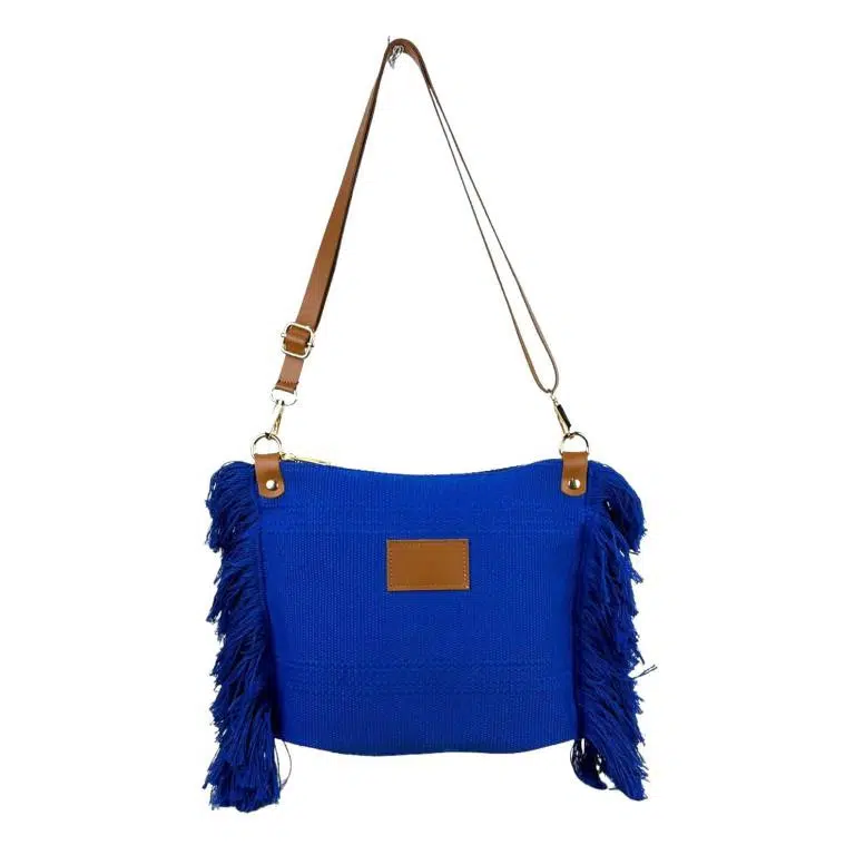 Bolso Bandolera de Algodón con Asas de Piel y Flecos Laterales para Mujer