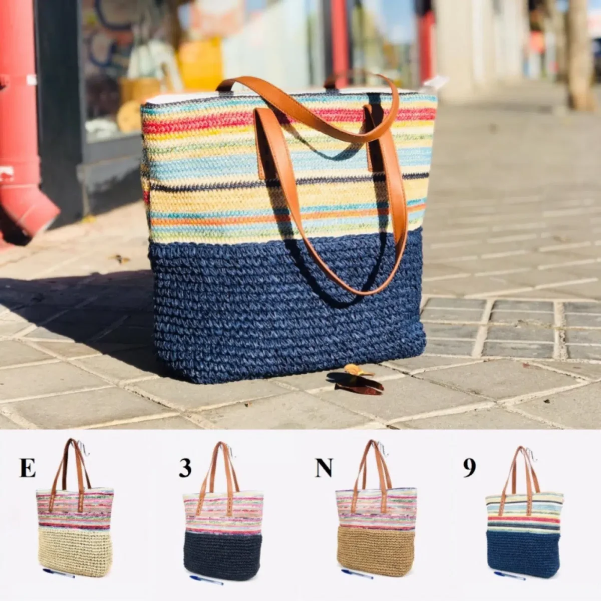 Bolso de Rafia Multicolor con Asas Sintéticas y Cremalleras para Mujer - Imagen 4