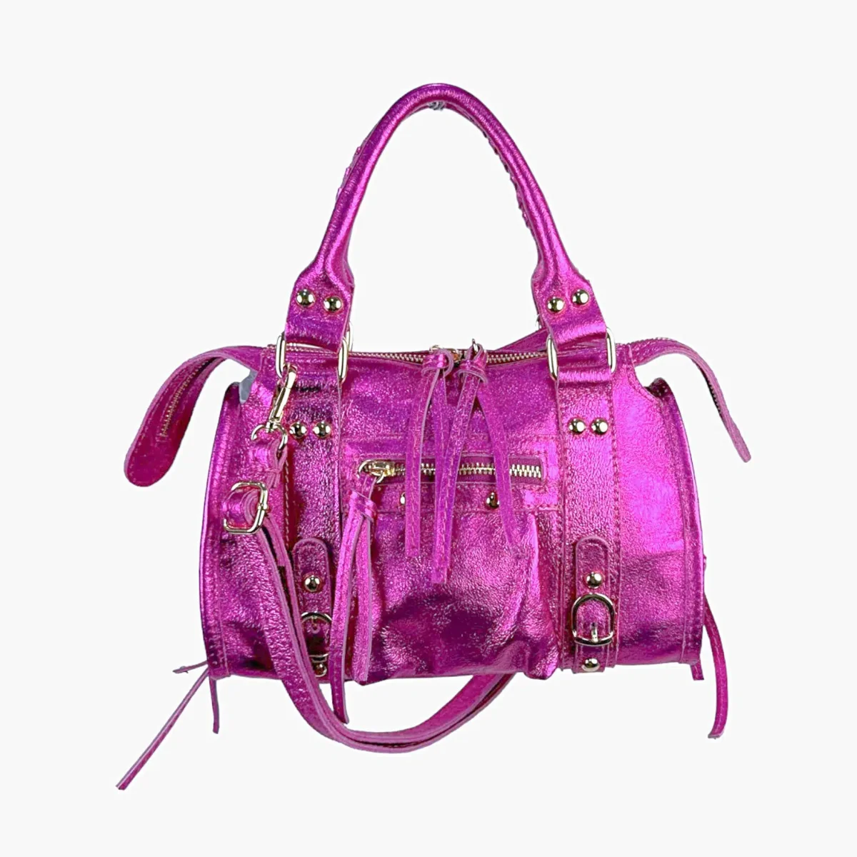 Bolso de Mano en Piel Italiana de Mujer con Efecto Brillante y Bolsillo Frontal - Imagen 7