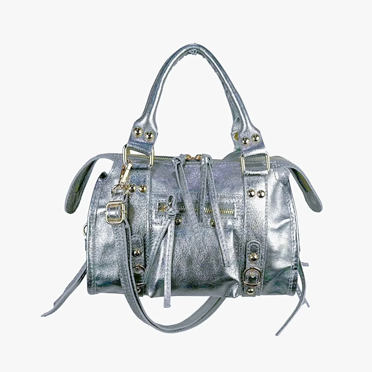 Bolso de Mano en Piel Italiana de Mujer con Efecto Brillante y Bolsillo Frontal - Imagen 8