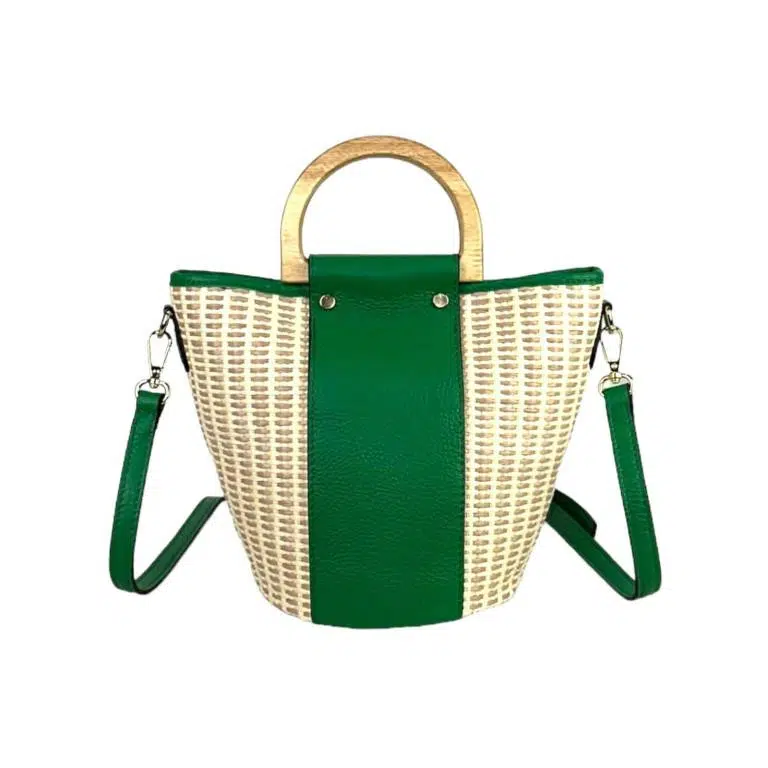 Bolso Bucket de Rafia y Piel Italiana con 2 Asas de madera - Imagen 6
