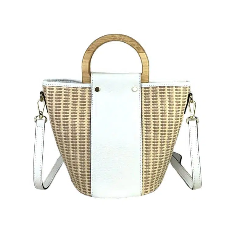 Bolso Bucket de Rafia y Piel Italiana con 2 Asas de madera - Imagen 7