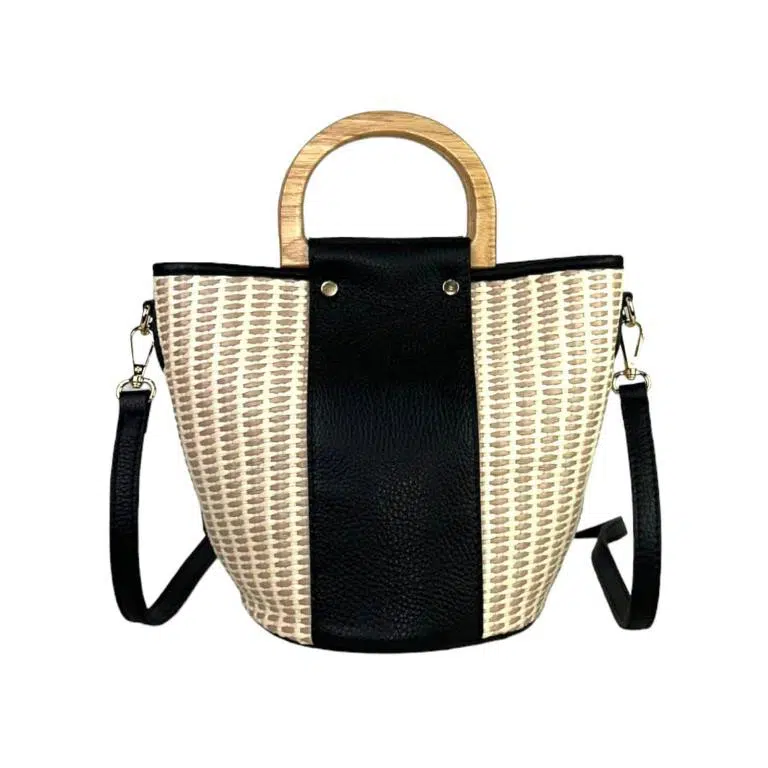 Bolso Bucket de Rafia y Piel Italiana con 2 Asas de madera - Imagen 8