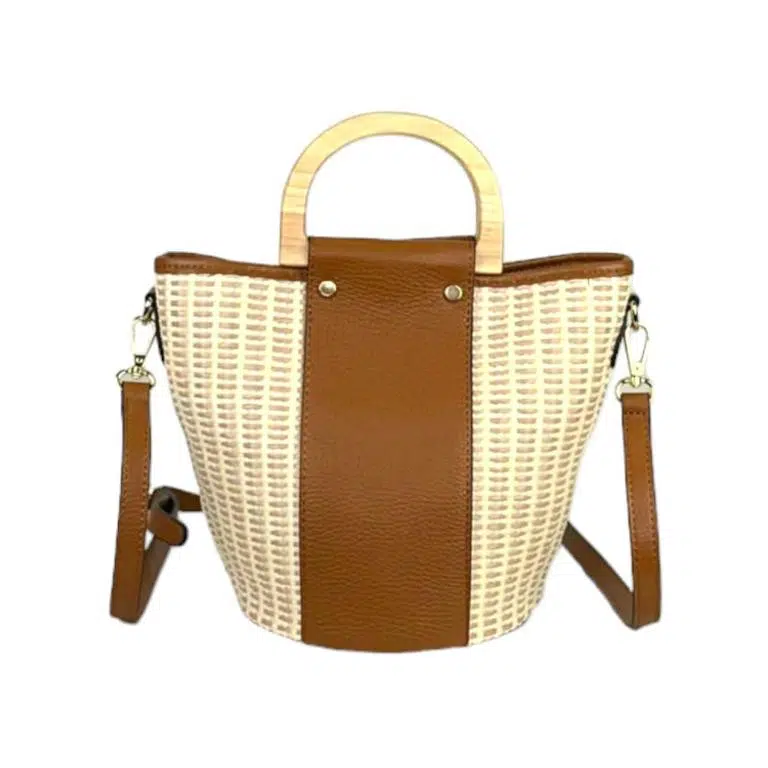 Bolso Bucket de Rafia y Piel Italiana con 2 Asas de madera - Imagen 5
