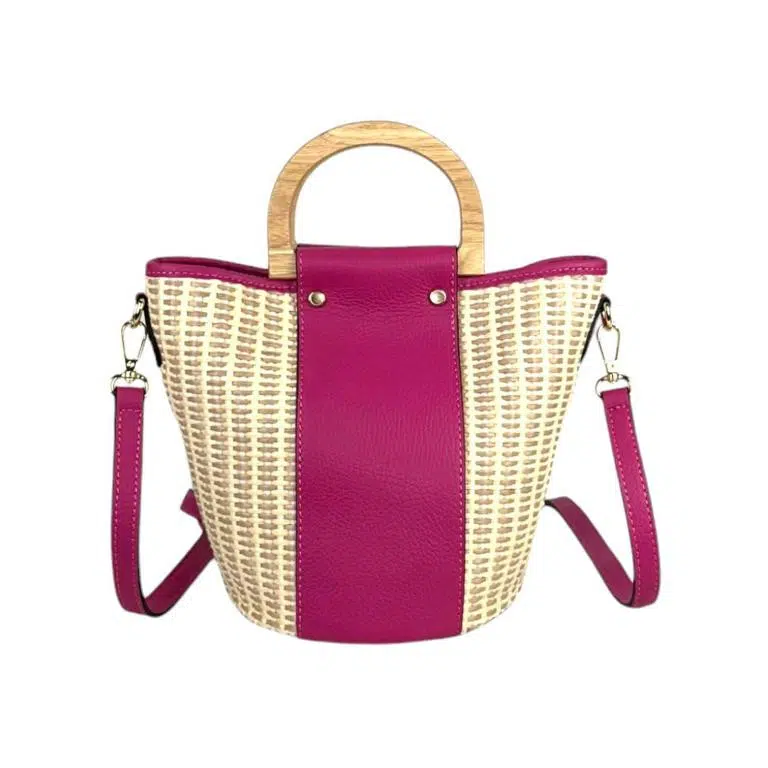 Bolso Bucket de Rafia y Piel Italiana con 2 Asas de madera - Imagen 4