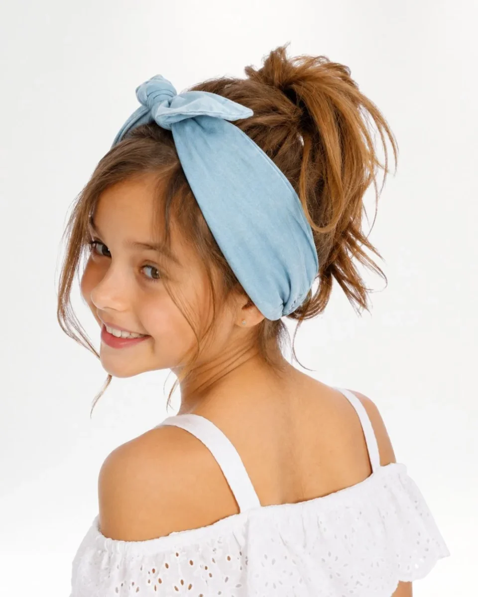 Diadema de niña con nudo azul denim - Imagen 4