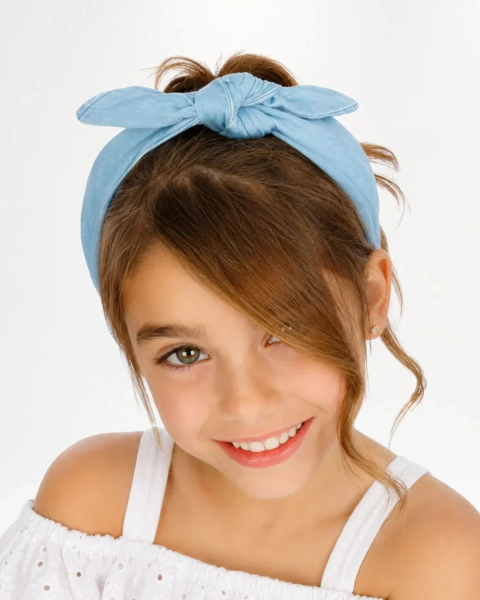 Diadema de niña con nudo azul denim - Imagen 5