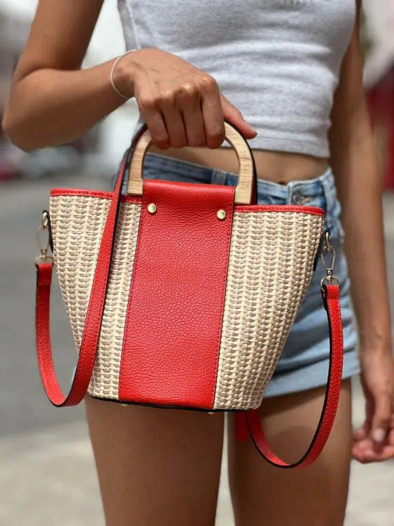 Bolso Bucket de Rafia y Piel Italiana con 2 Asas de madera - Imagen 3