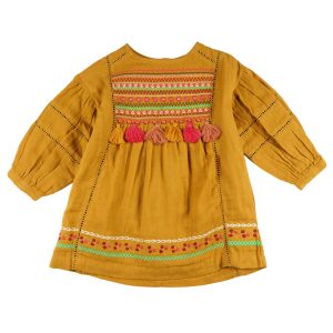 Vestido niña mostaza bambula bordado con borlas