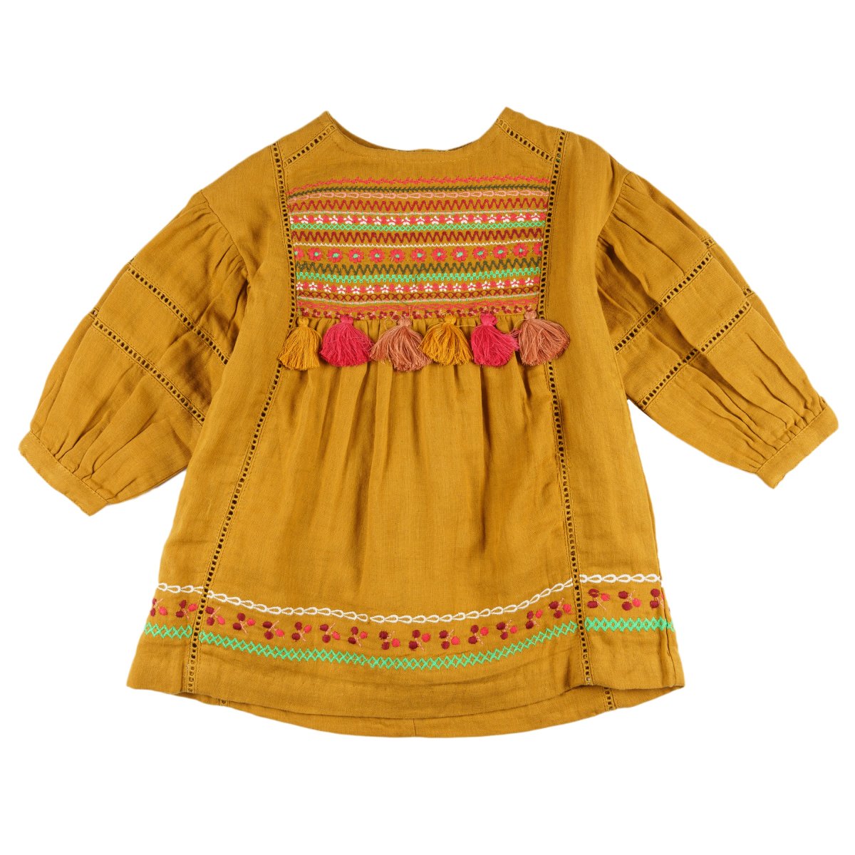 Vestido niña mostaza bambula bordado con borlas - Imagen 2