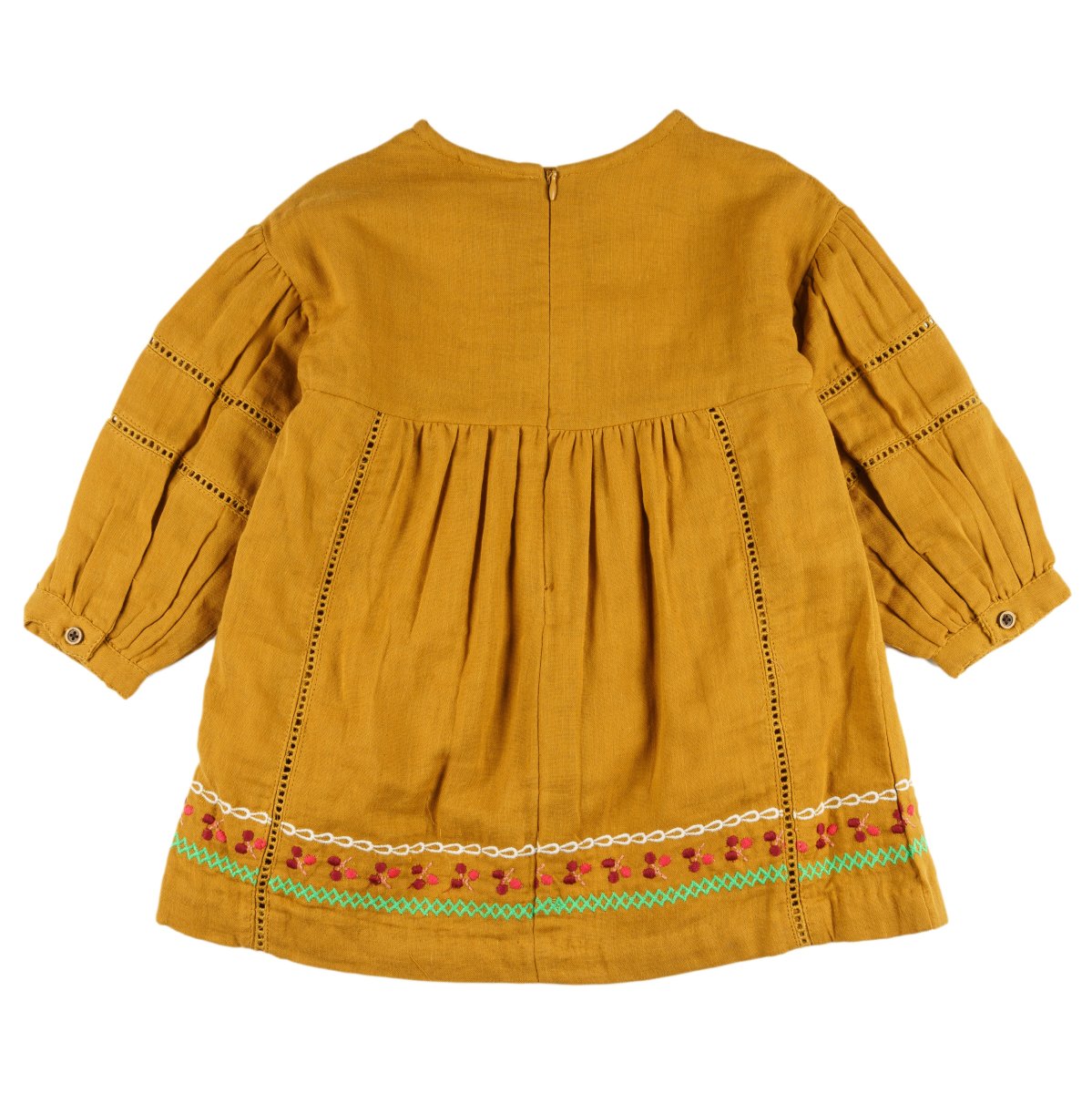 Vestido niña mostaza bambula bordado con borlas - Imagen 3