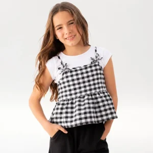 Camiseta niña vichy blanco negro