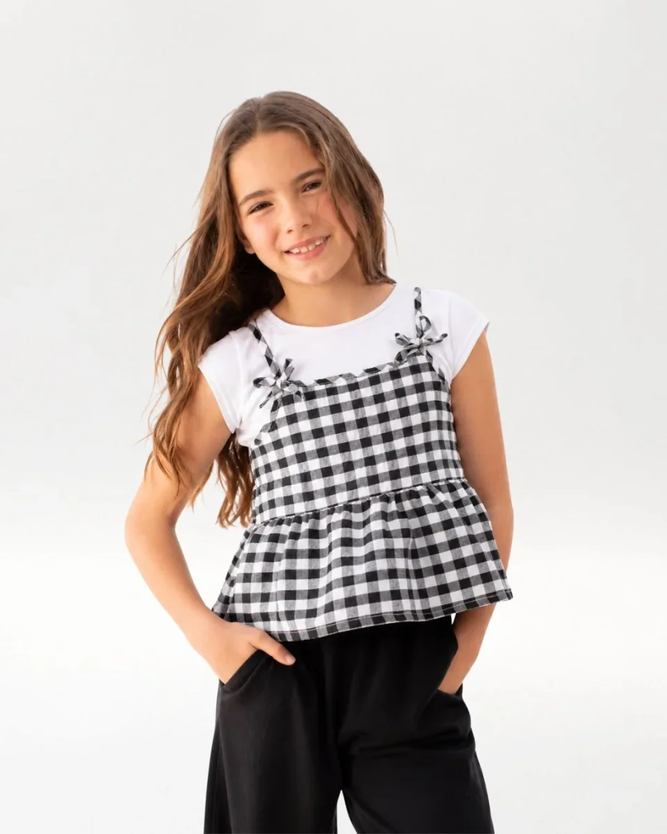 Camiseta niña vichy blanco negro - Imagen 2