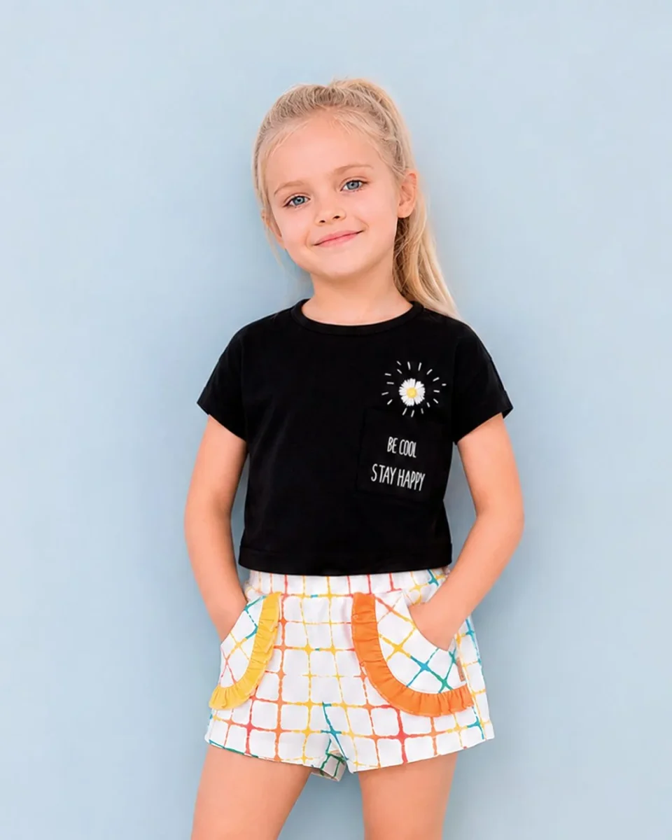 Camiseta niña negra con bolsillo margarita - Imagen 2